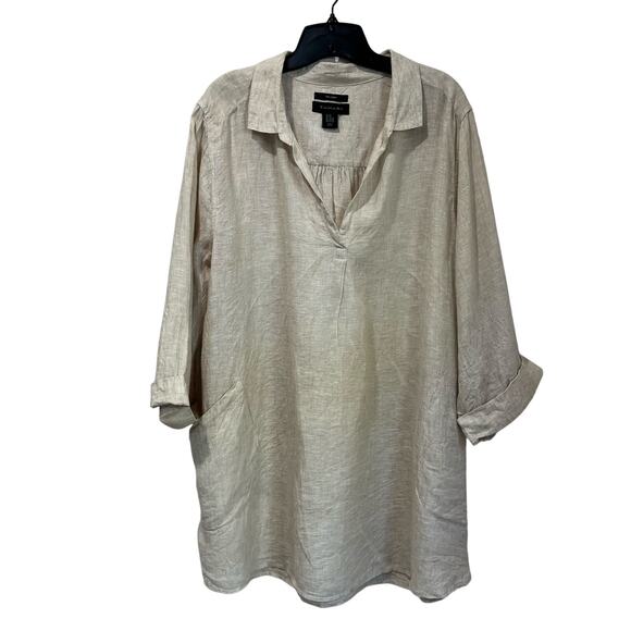 Tahari 100% Linen Beige V-Neck Tunic Top Size 2X Relaxed Fit Minimalist Neutral - Picture 1 of 6